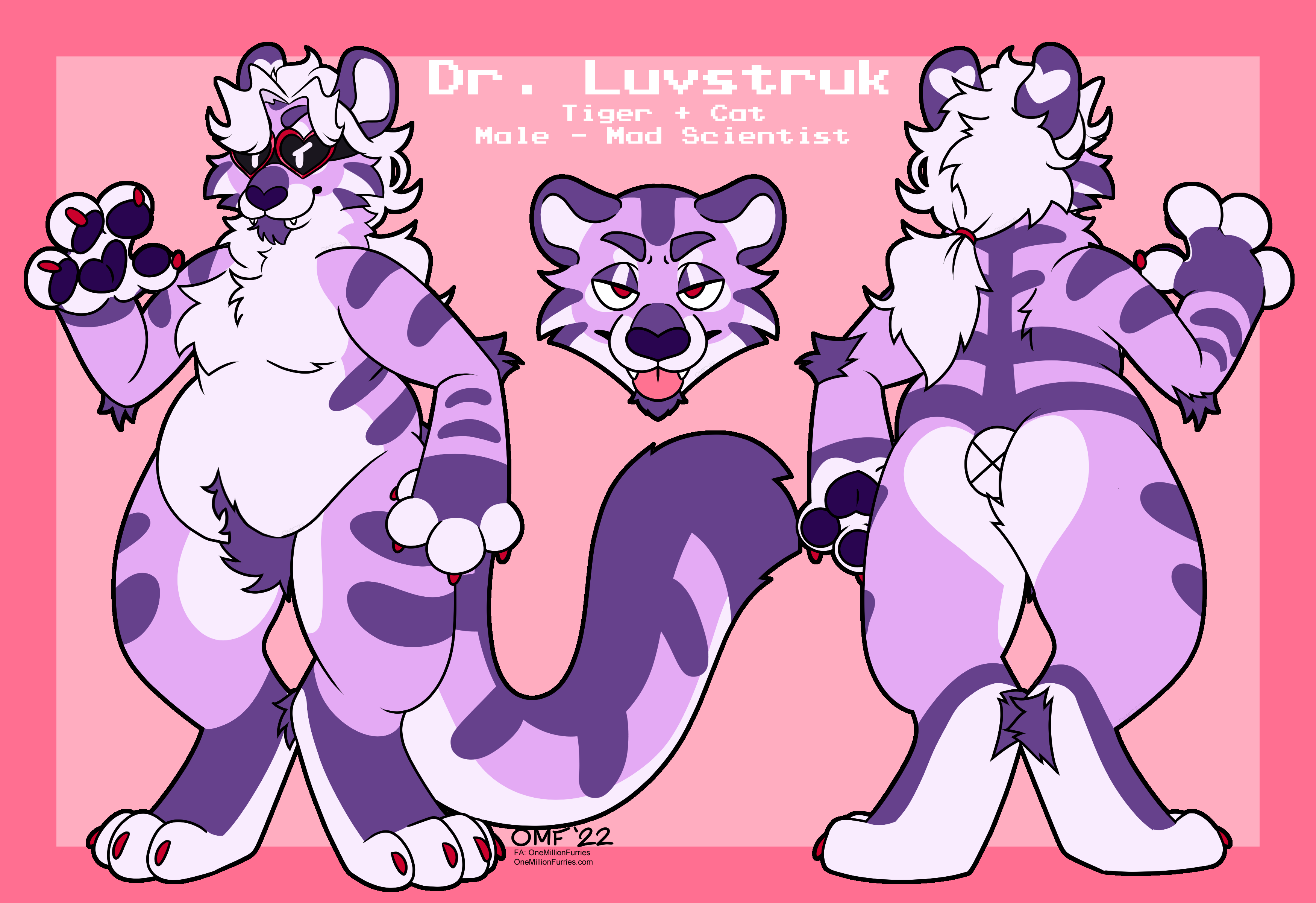 A reference sheet of Dr. Luvstruk. He is a purple tiger-cat hybrid with pink heart shaped goggles and long white hair tied back in a ponytail.